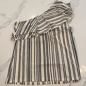 No tag - Zara - One Sleeve, Swoop Neck, Cream/Black Striped, Ruffle Top - Size L